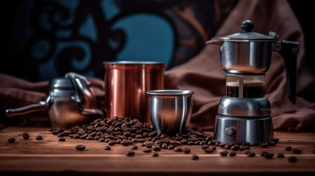 Coffee grinder and coffee beans on a wooden table.の素材