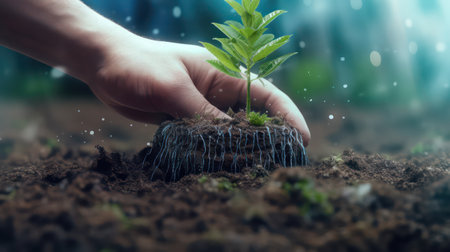 Human hand holding green plant in soil with raindrops. Ecology conceptの素材