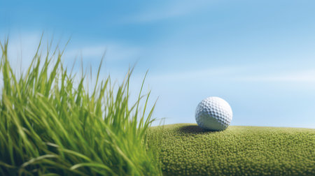 Golf ball on green grass with blue sky background. 3d illustrationの素材