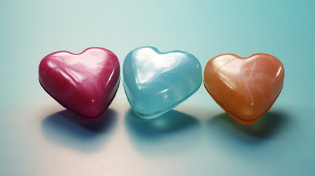 Colorful candy hearts on blue background. Valentine's day concept.の素材
