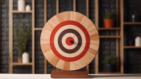 Wooden target on table in office, closeup. Space for textの素材