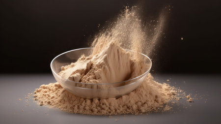 Wheat flour in a glass bowl on a dark background close upの素材