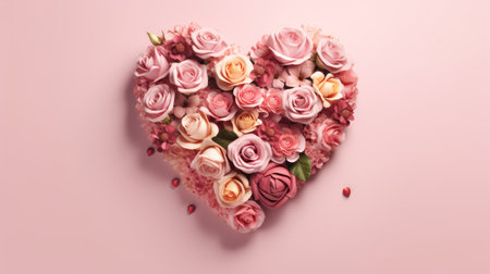 Valentine's Day background. Heart made of roses on pink background.の素材