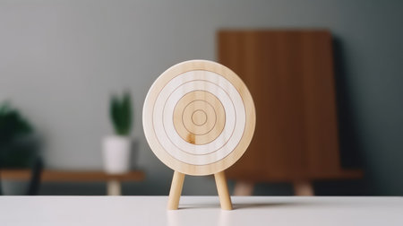 A wooden target on a white table in a room with a blurred backgroundの素材