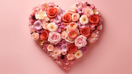 Heart made of beautiful flowers on color background, top view. Valentine's dayの素材