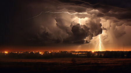Lightning and thunderstorm over the city at night. Dramatic sky.の素材