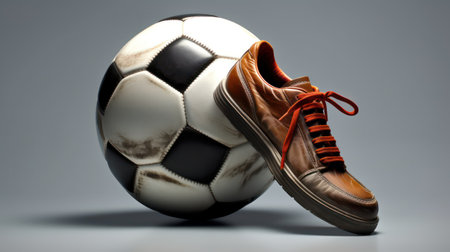Soccer ball and sport shoes on gray background. Sport concept.の素材