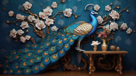 Peacock with flowers in the room. 3D illustration.の素材