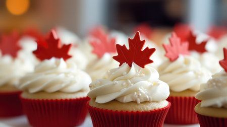 Cupcakes with red maple leaf on top, shallow depth of fieldの素材