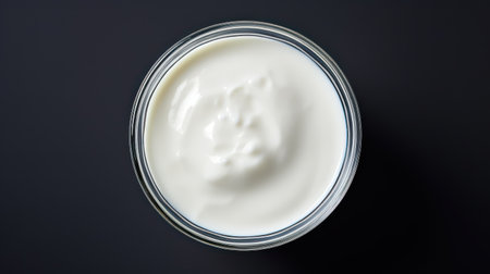 Greek yogurt in a glass jar on a black background, top viewの素材