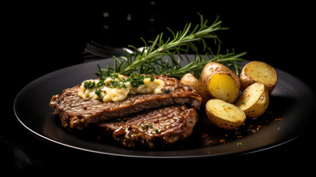 Grilled steak with potatoes and herbs on a black plate on a black backgroundの素材