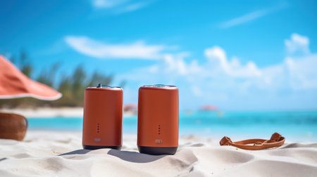 Two orange soda cans on sandy beach with sea and blue sky backgroundの素材