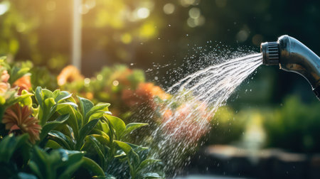 Watering the garden in the morning with sunlight and bokehの素材