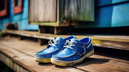 Blue shoes on a wooden bench in front of a colorful house.の素材