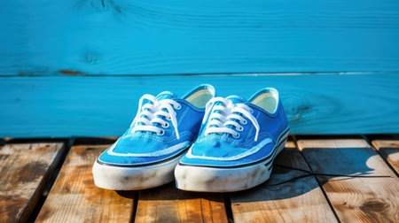 Blue sneakers on a wooden background, close-up, copy spaceの素材