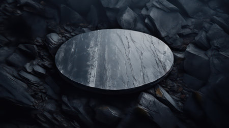 Empty round stone table on black stone background. 3D Renderingの素材