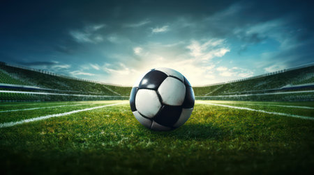 Soccer ball on the green field of stadium. Conceptual imageの素材