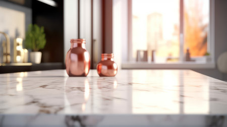 Empty glass jars on white marble countertop in kitchen. 3d renderingの素材