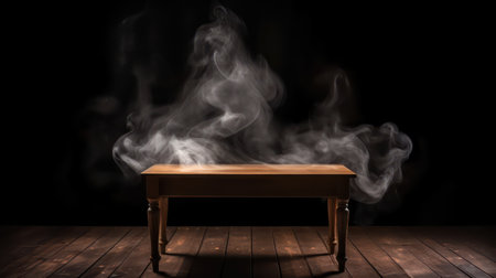 Wooden table with white smoke on a black background. 3d renderingの素材