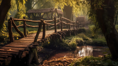 Wooden bridge over a small river in the forest at sunrise.の素材