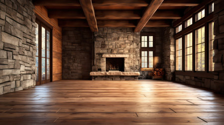 Interior of a room with fireplace and wooden floor 3D renderingの素材