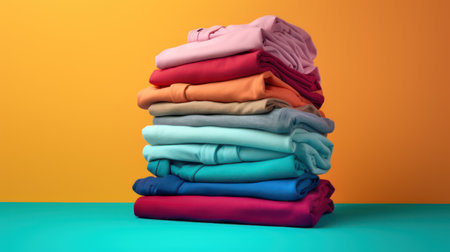 Stack of colorful clothes on orange and blue background with copy space.の素材