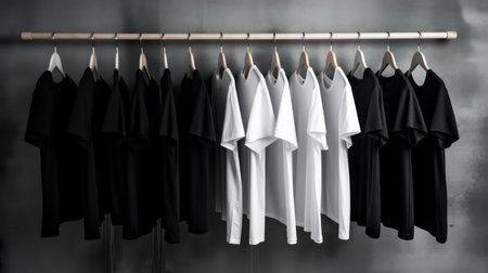 Black and white t-shirts hanging on a wooden hanger.の素材