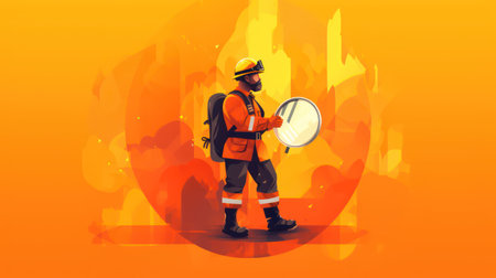 Firefighter in uniform and helmet holding fire extinguisher. Vector illustrationの素材
