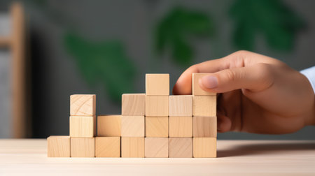 Businessman stacking wooden blocks on table, closeup. Career growth conceptの素材