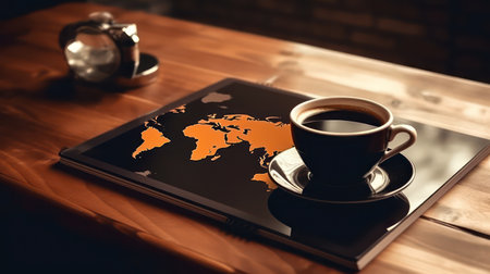 Coffee cup and digital tablet with world map on wooden table.の素材