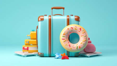 3d rendering of a summer vacation concept with suitcase, donut and toys on blue backgroundの素材