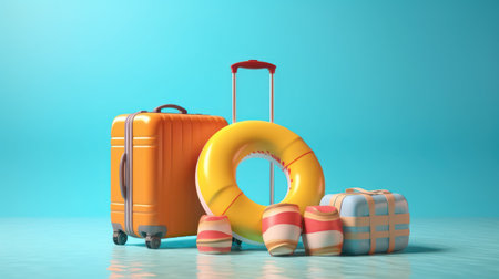 3d rendering of orange suitcase and lifebuoy on blue backgroundの素材