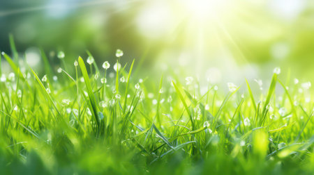 Fresh green grass with dew drops close up. Nature background.の素材