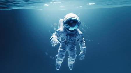 Astronaut floating in deep blue ocean. 3D Renderingの素材