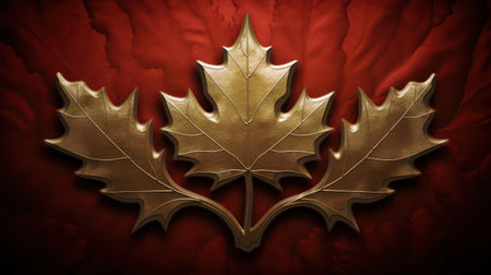 Golden maple leaf on red background. 3D illustration. Top view.の素材