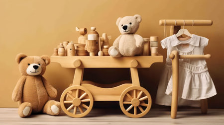 Teddy bear, wooden toy carriage and baby clothes on wooden tableの素材