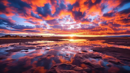 Beautiful sunset over the sea. Colorful sky with clouds.の素材