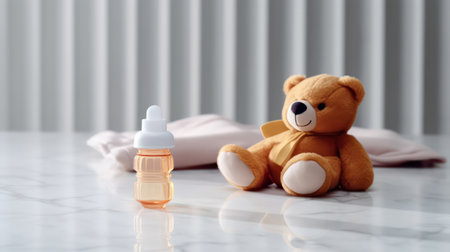 Teddy bear and baby bottle on the floor. Baby care conceptの素材