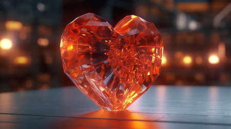 Red crystal heart on a wooden table, 3d rendering. Computer digital drawing.の素材