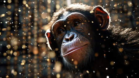 Chimpanzee in a zoo in the rain, close-upの素材