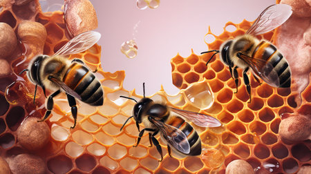 Honeycomb with bees and honeycombs. 3d illustrationの素材