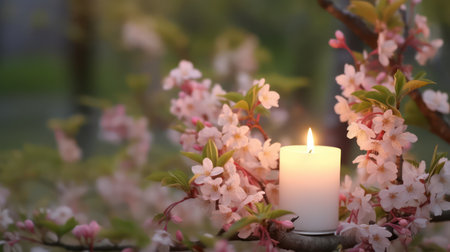 Closeup of a burning candle and cherry blossoms in the gardenの素材