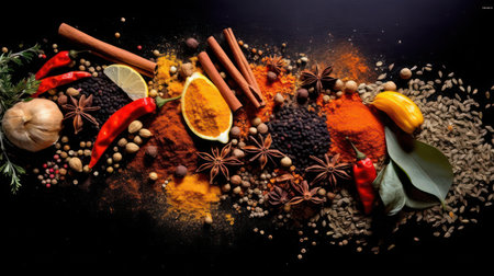 Spices and herbs on a black background. Food and cuisine ingredients.の素材