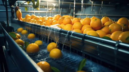 Conveyor belt with fresh ripe tangerines in a factoryの素材