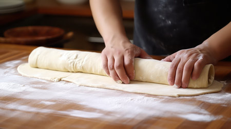 Female hands kneading dough on wooden table, closeup viewの素材