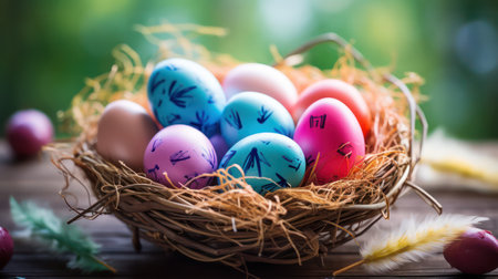 Colorful easter eggs in a nest on wooden table with feathersの素材