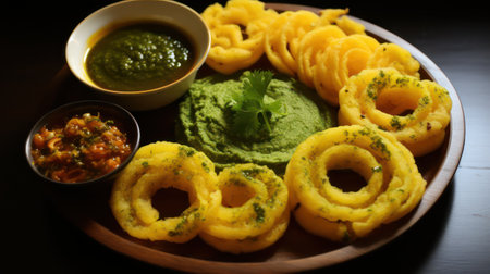 Crispy corn chips with chutney and pesto sauceの素材