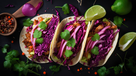 Mexican tacos with coleslaw and red cabbage on black backgroundの素材