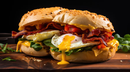 Sandwich with bacon, eggs and vegetables on a wooden board.の素材