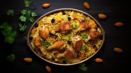 Chicken biryani with raisins and spices on a black wooden tableの素材